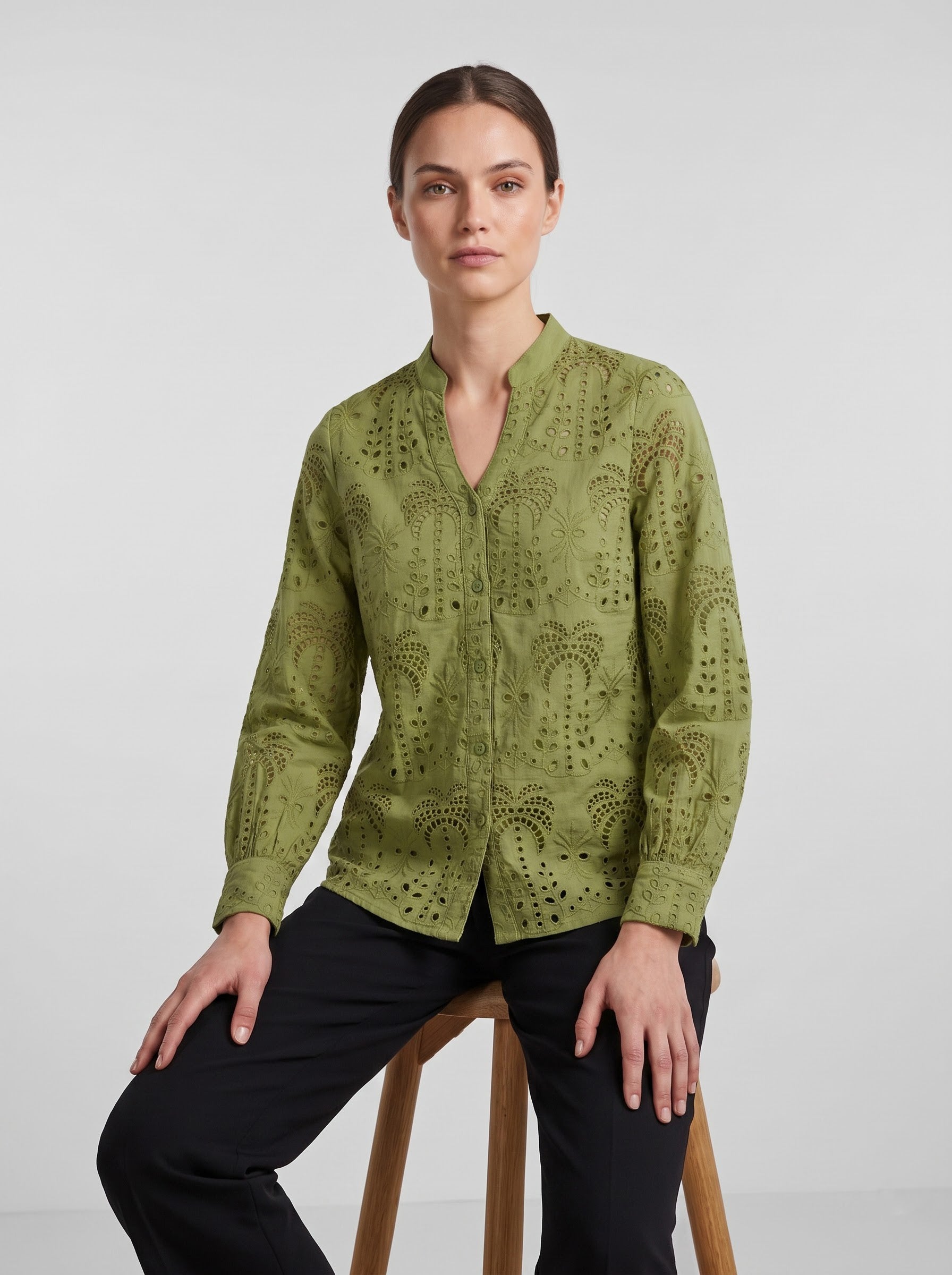 Women's Olive Green Schiffli Embroidered Cotton Top