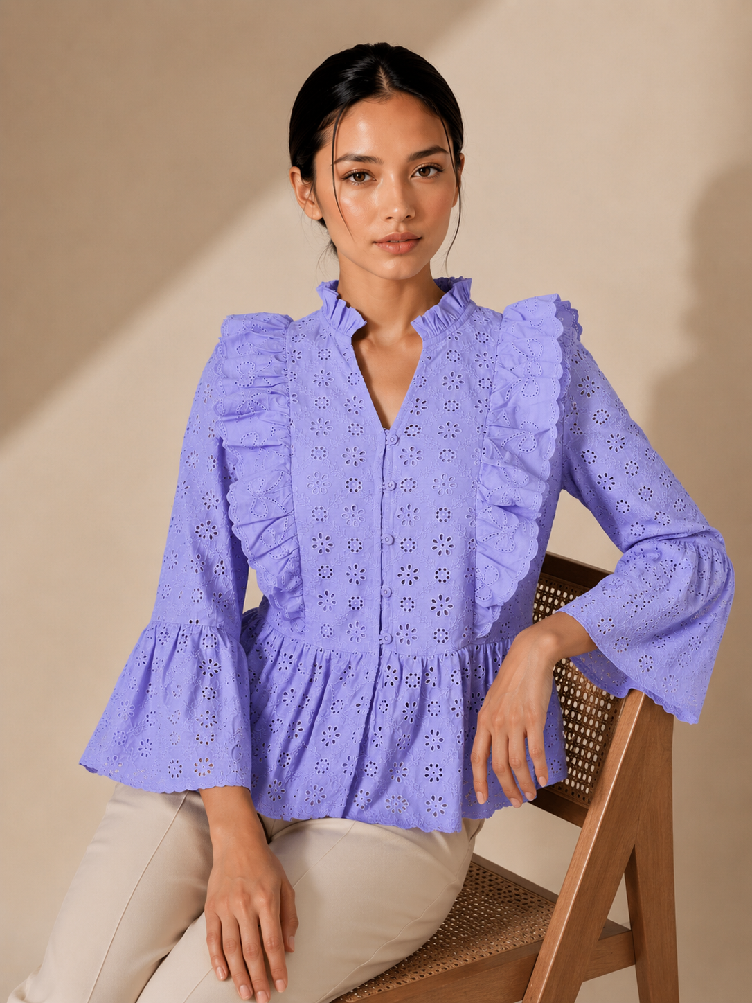 Embroidered Flared Sleeve Ruffles Cotton Peplum Purple Top