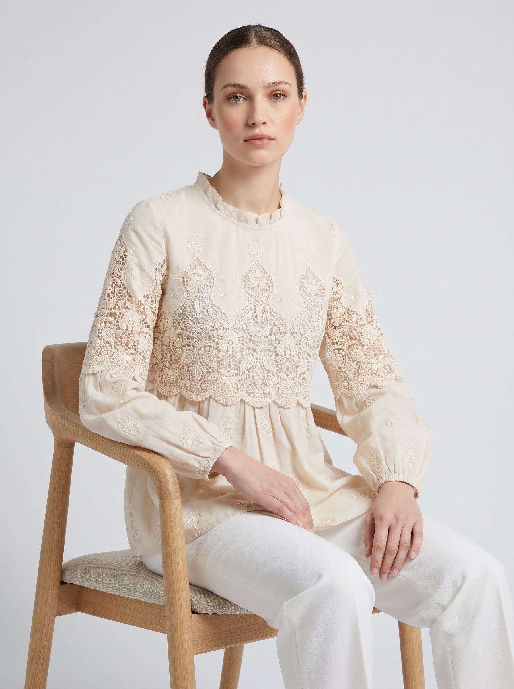 Women Cream Embroidered High Neck Regular Fit Top