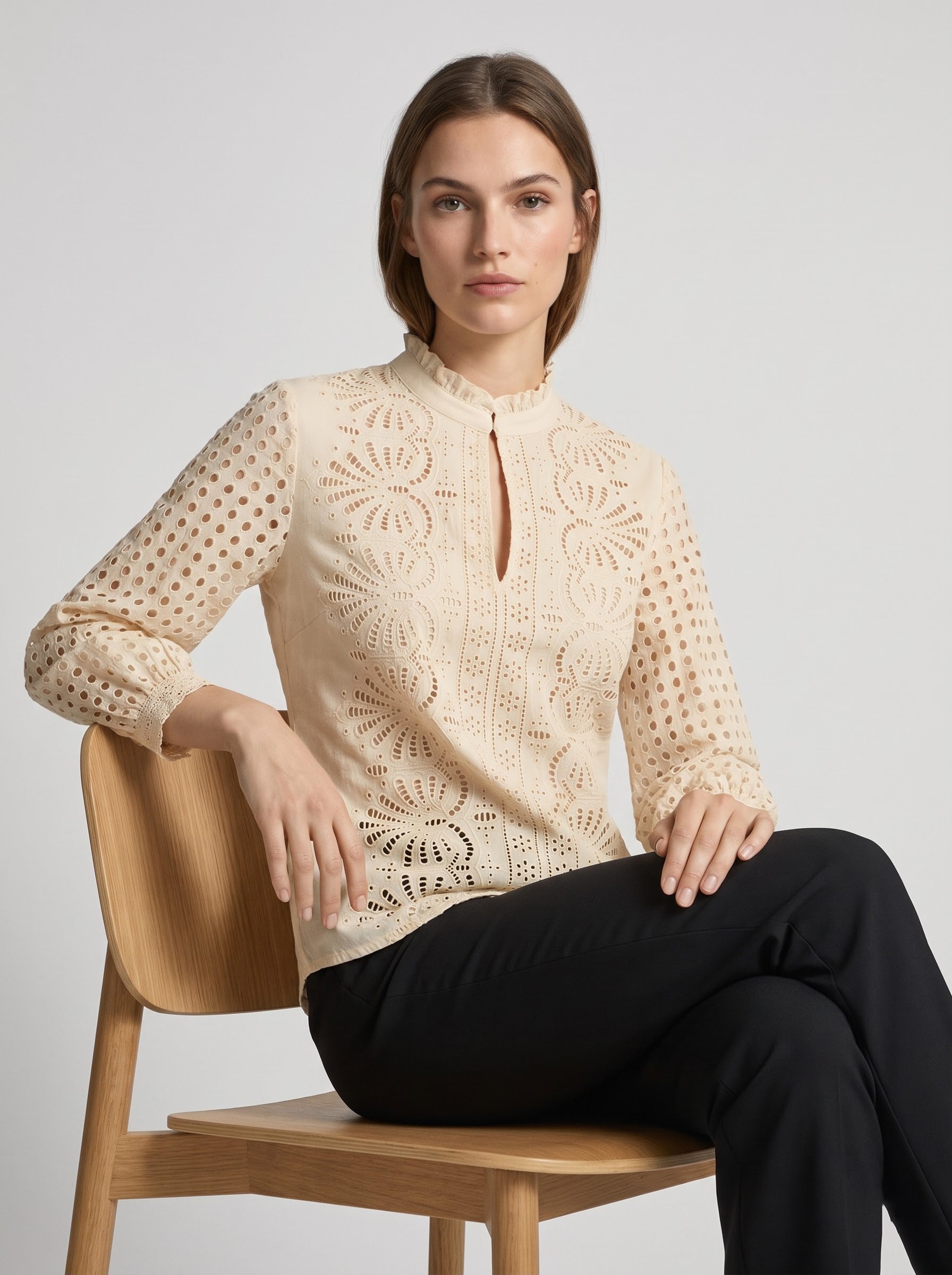 Women's Beige Schifley  Embroidered Cotton V Neck Top