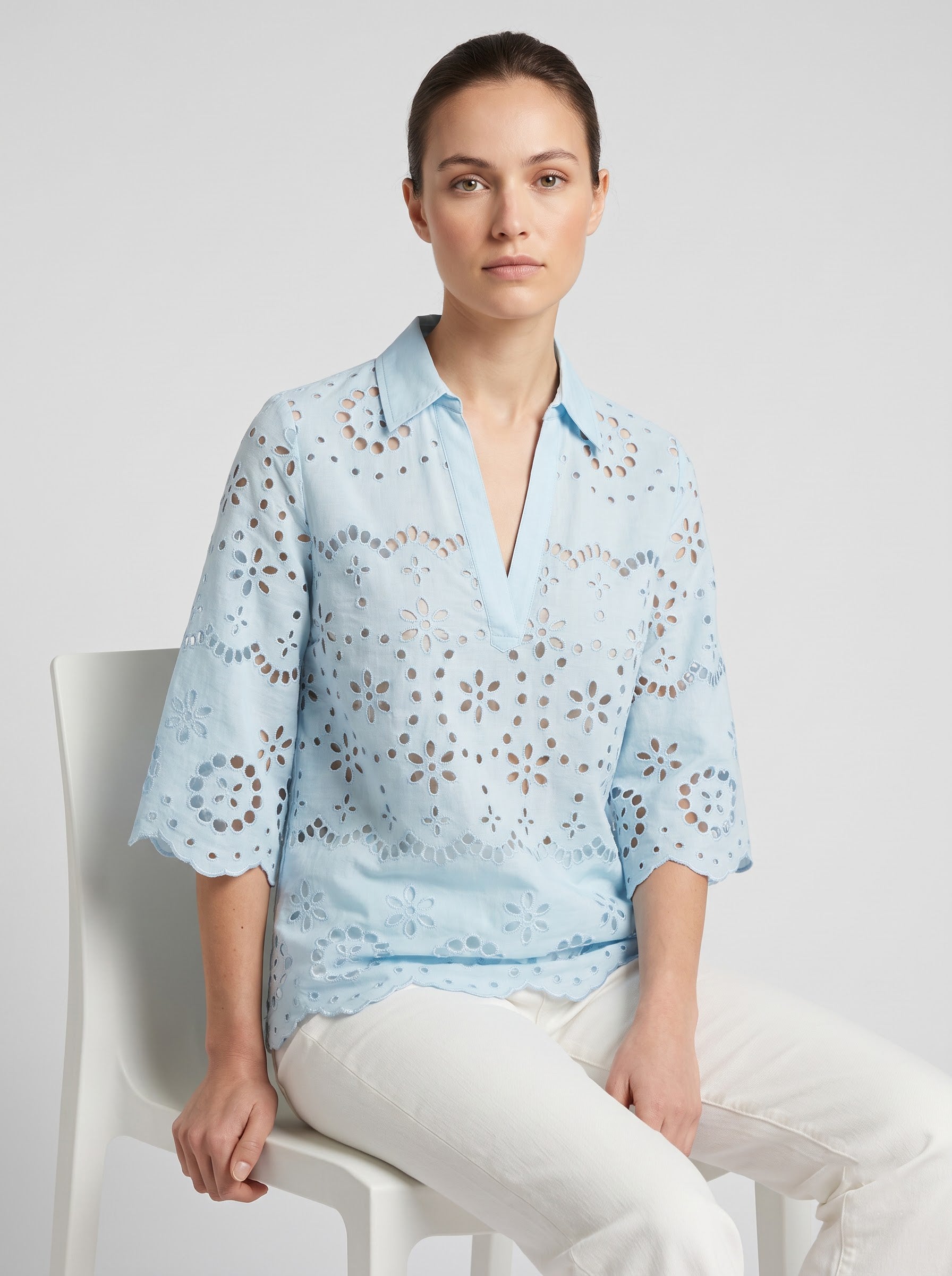 Women's Sky Blue Schiffli Embroidered Cotton Top