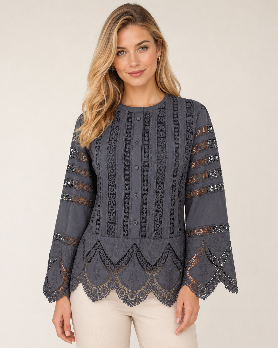 Charcoal Grey Embroidered Lace Crop Top with Bell Sleeves