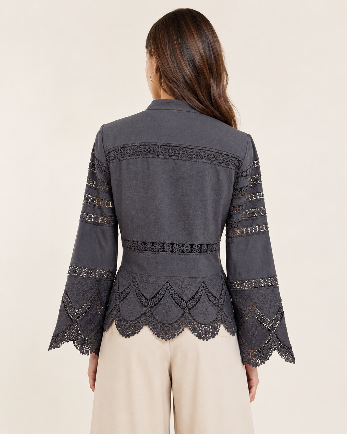 Charcoal Grey Embroidered Lace Crop Top with Bell Sleeves