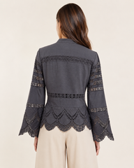 Charcoal Grey Embroidered Lace Crop Top with Bell Sleeves
