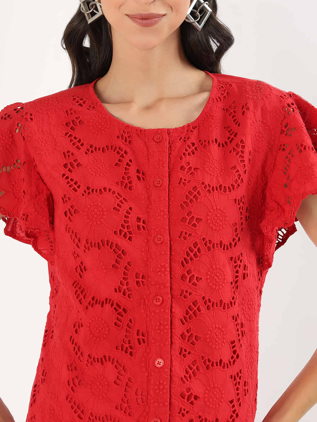 Red Embroidered Floral Lace 100% Cotton Flutter Sleeve Top