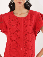 Red Embroidered Floral Lace 100% Cotton Flutter Sleeve Top