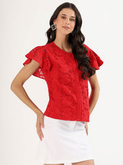 Red Embroidered Floral Lace 100% Cotton Flutter Sleeve Top