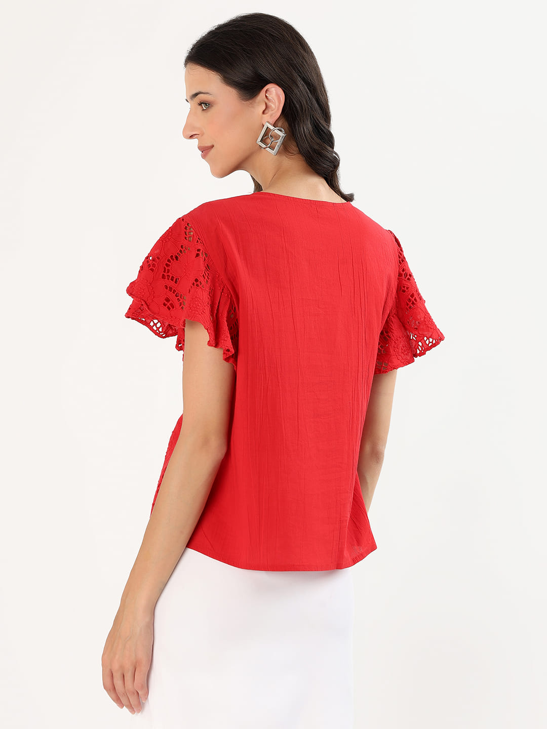 Red Embroidered Floral Lace 100% Cotton Flutter Sleeve Top