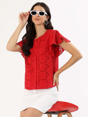 Red Embroidered Floral Lace 100% Cotton Flutter Sleeve Top
