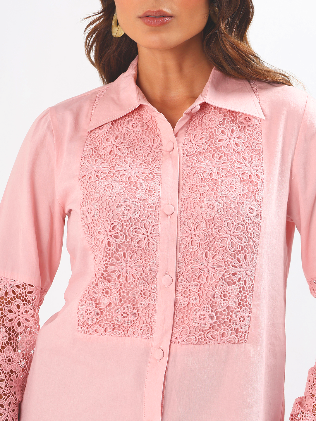 Pink Schiffli Lace Yoke Embroidered Cotton Silk Shirt