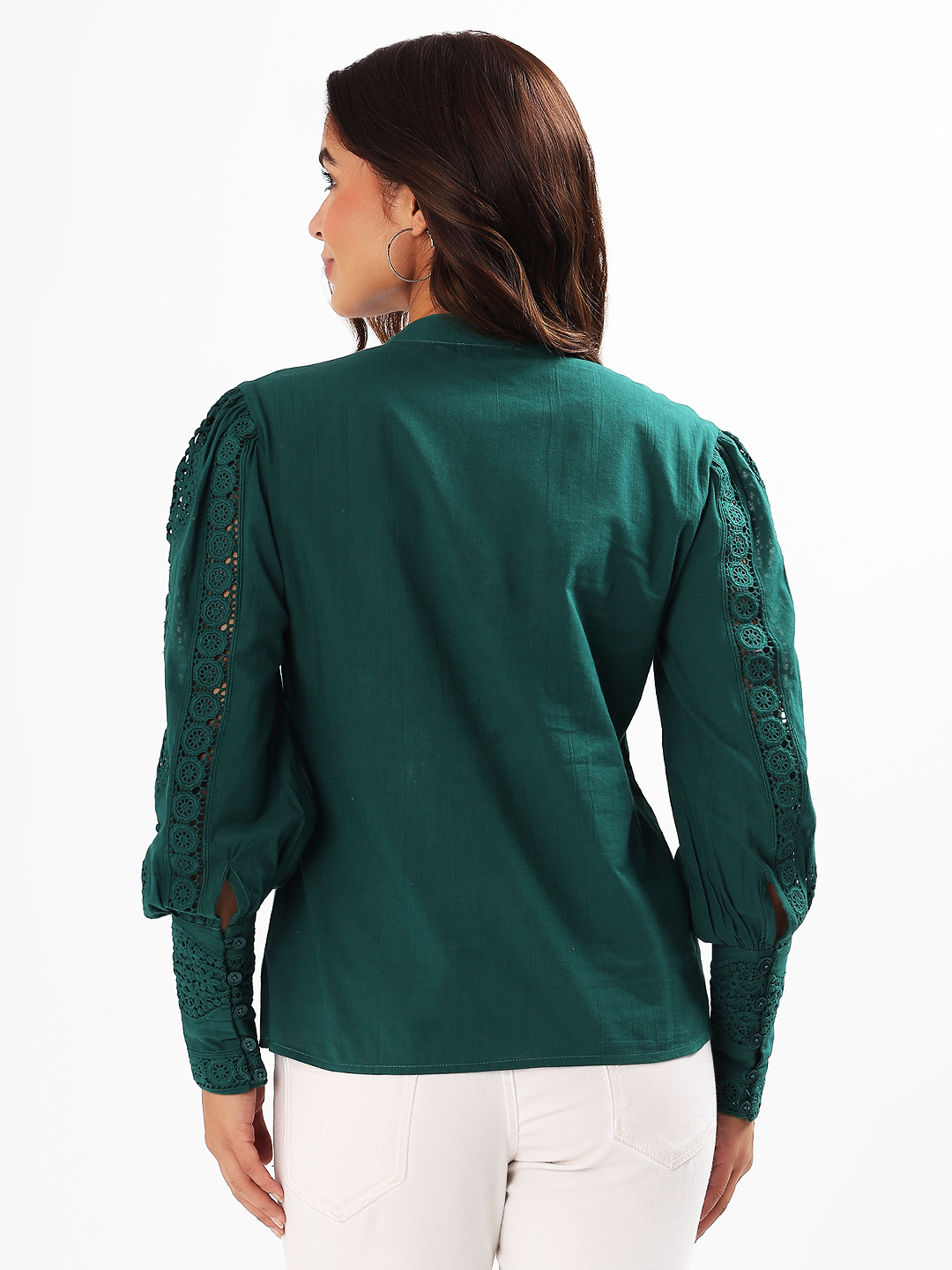 Dark Green Lace Embroidered Cotton Shirt