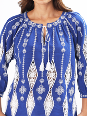 Blue & White Embroidered Boho Top