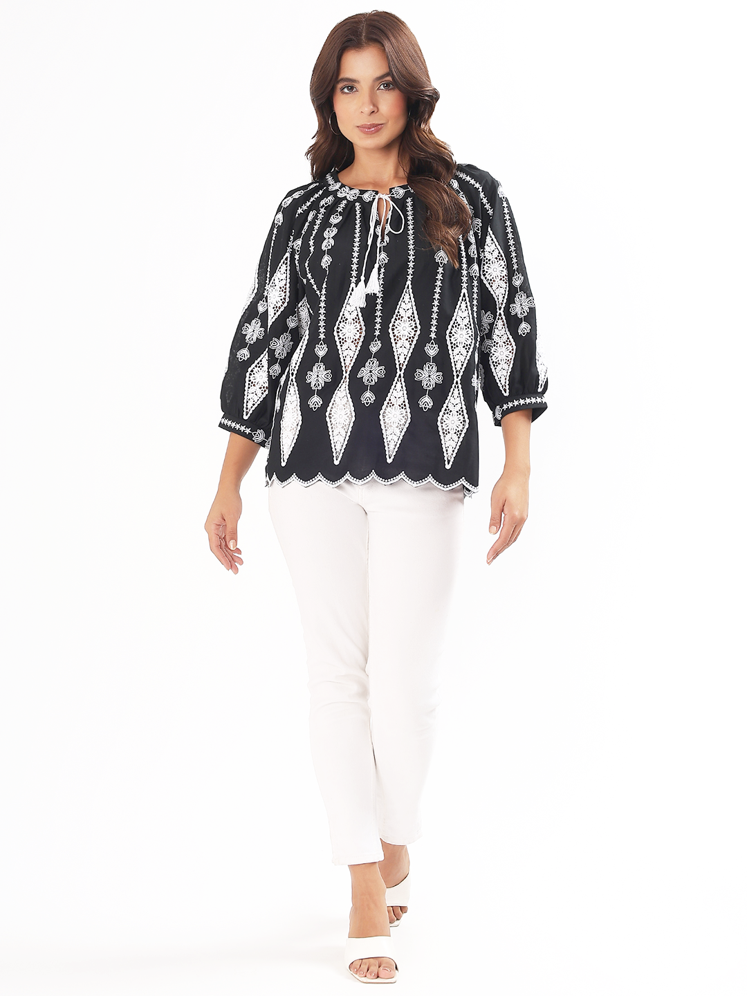 Black & White Embroidered Boho Top