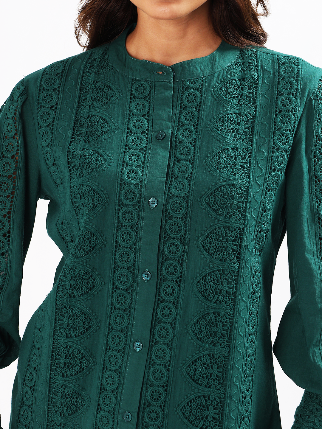 Dark Green Lace Embroidered Cotton Shirt