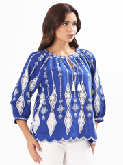 Blue & White Embroidered Boho Top